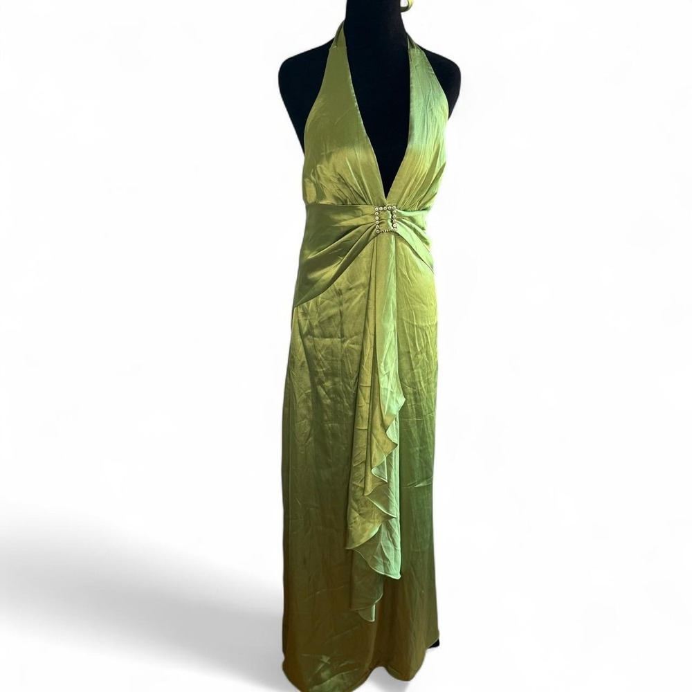 Vintage Narianna Chartreuse Green Halter Maxi Gown Rhinestone Detail Large